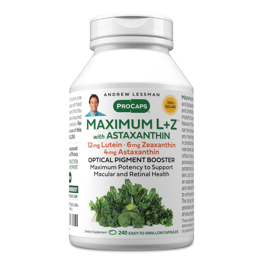 ANDREW LESSMAN Maksimaalne L + Z astaksantiiniga 240 Softgels - 12 mg luteiini, 6 mg Zeaksantiini, 4 mg astaksantiini. Peamised toitained silmade ja aju tervise toetamiseks ning tervisliku nägemise edendamiseks.