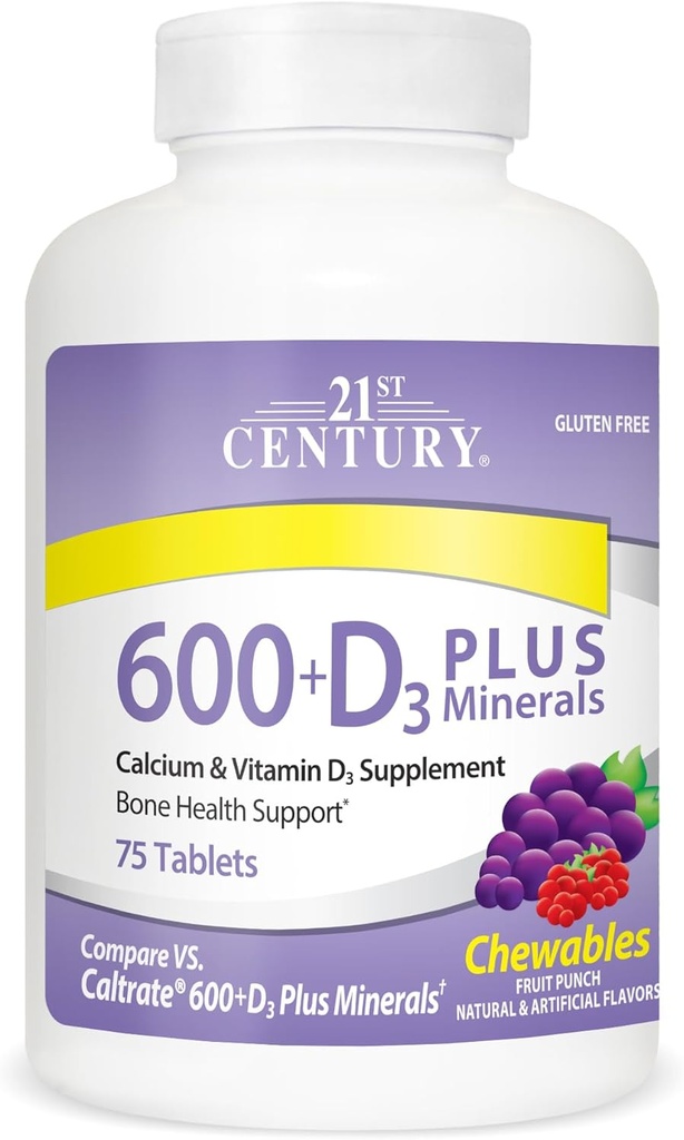 21st Century Calcium 600 mg + D Plus Mineraalid Näritavad tabletid, 75 Count