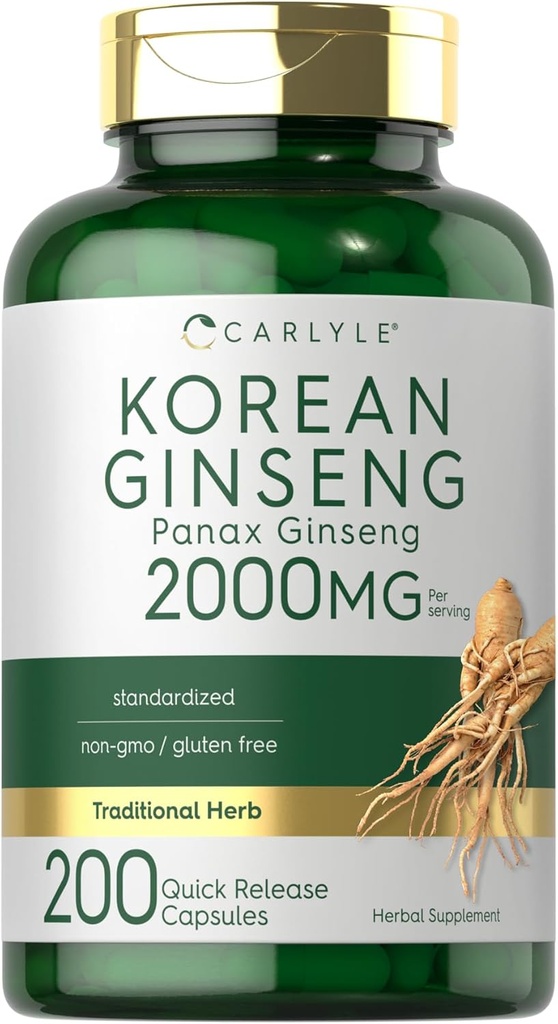 Carlyle Korea ženšenni ekstraktikapslid 2000 mg | 200 Kapslid | Mitte-GMO ja Gluteenivaba valem | Standardiseeritud Panax Ginseng Supplement