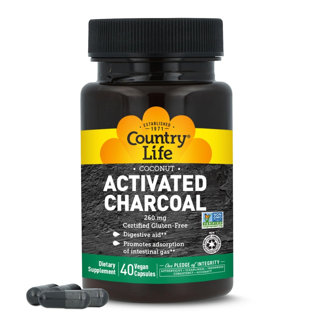 Country Life Coconut Activated Charcoal Capsules, 260mg – Natural Charcoal Supplement for Gas and Bloating Relief - Gluteenivaba, 40 Vegan Capsules