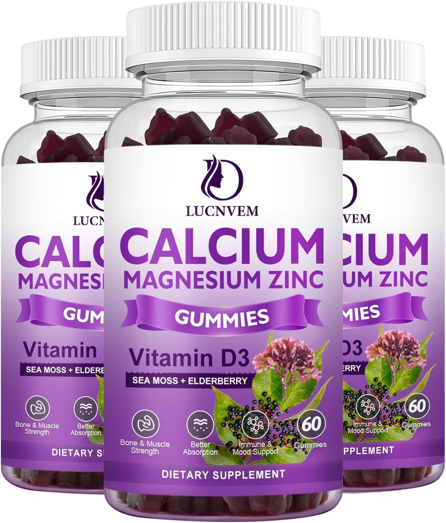 Kaltsium Magneesium Tsink Gummies witn Elderberry and Sea Moss, Kaltsium Magneesium 2: 1 Sisaldab Magneesium Glütsinaati, Vitamiin D3, Luud, lihased, Rahulik meeleolu ja une tugi , 60 Gummies (3 pakendit)