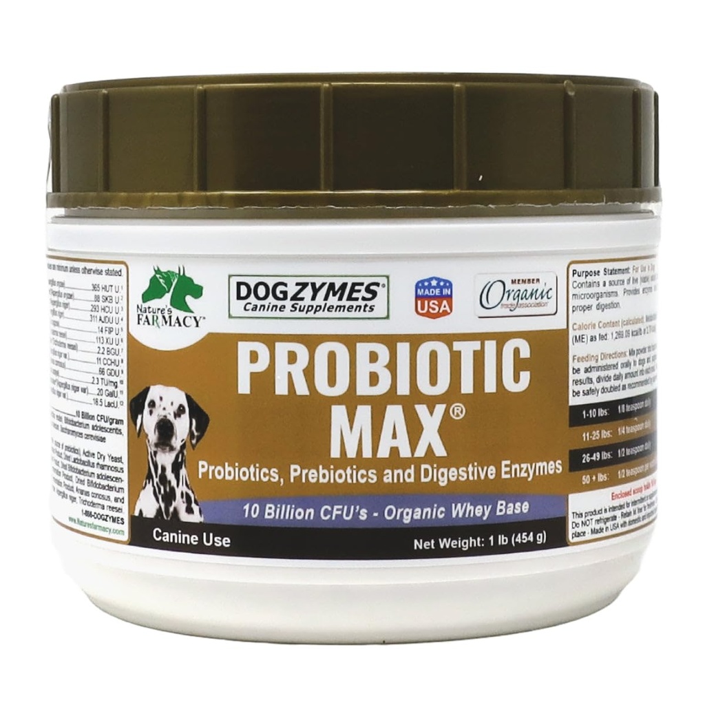 Dogzymes Probiootikum Max -10 miljardit CFU probiootikumid, prebiootikumid, seedetrakti ensüümid - leevendab kõhulahtisust, kõhukinnisust, gaasi, allergiat, immuunsust ja üldist tervist 1 nael