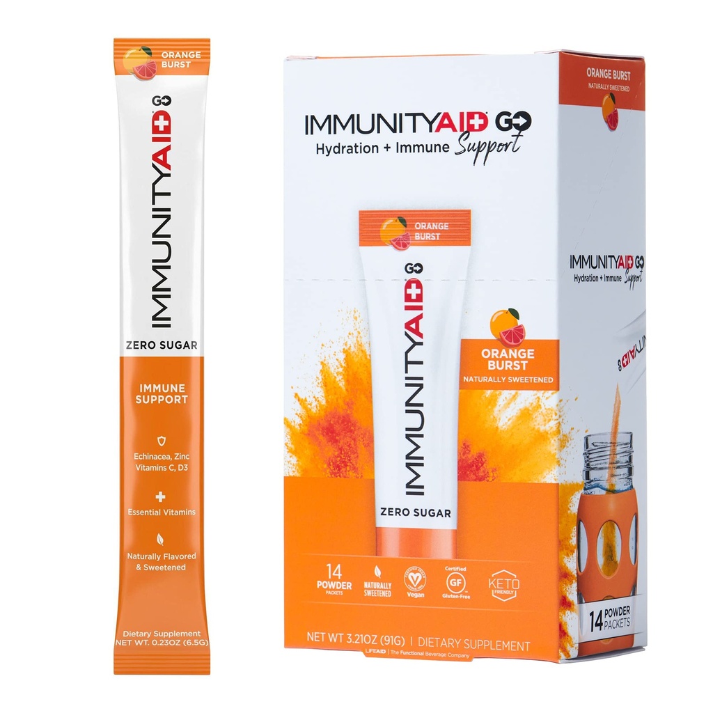 LIFEAID IMMUNITYAID Go! Nullsuhkru immuunsus + hüdratsioonipakett, C-vitamiin, Echinacea, tsink, Astragalus Juur, Keto-sõbralik, Vegan & Gluteenivaba, 5 kalorit, looduslikult magustatud, ilma kofeiinita, 14 pakend