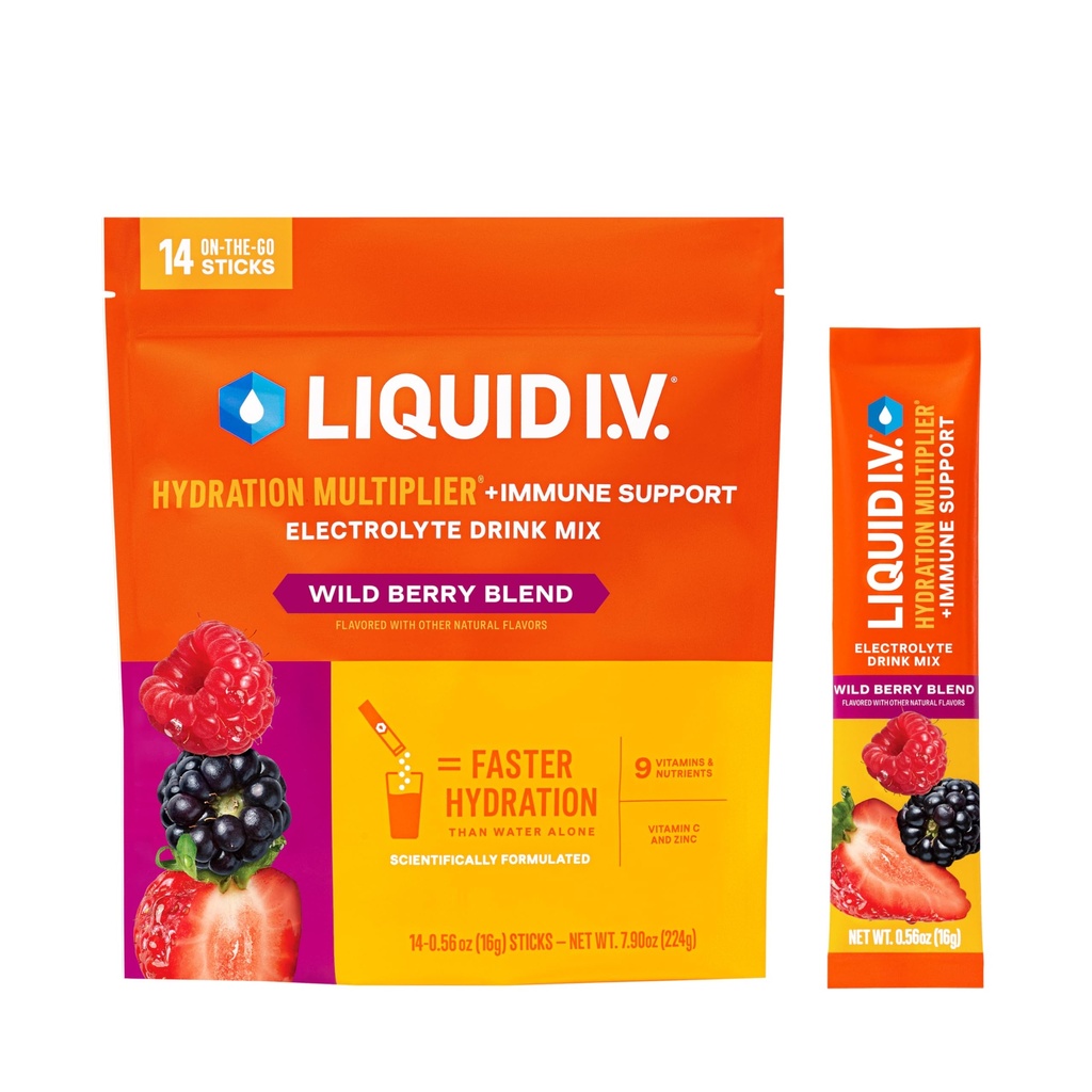 Vedelik I.V.® Hüdratsioonikordaja + immuniteeditugi - Metsmarjasegu | Elektrolüütide pulbrijoogisegu | 1 pakend (14 serveerimist)
