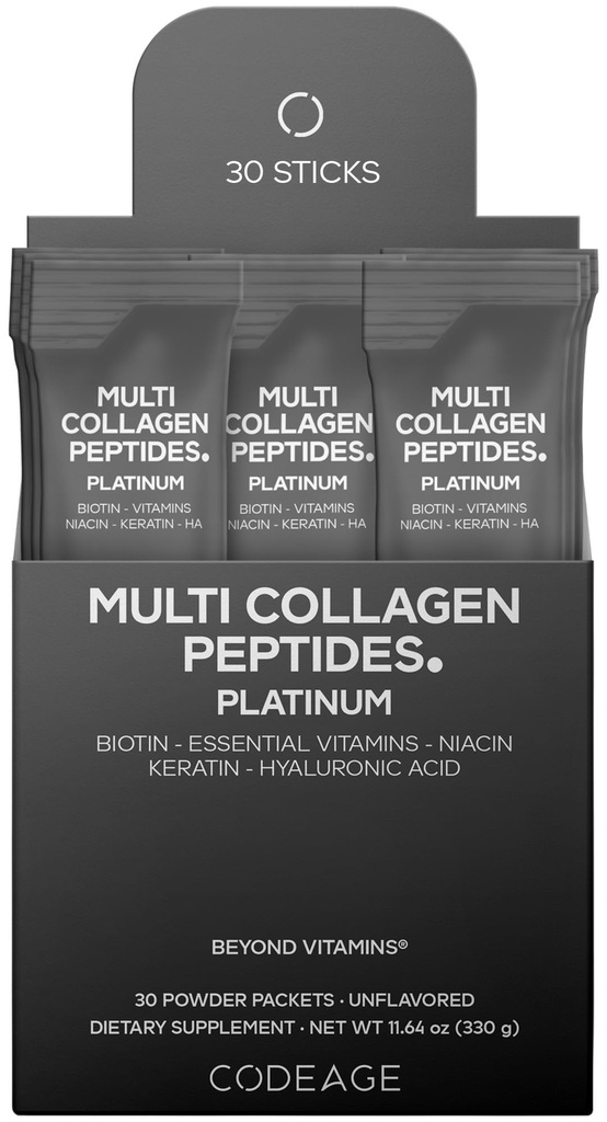 Kodeiin Multi kollageen ja biotiin 10 000 mcg + C-vitamiin, B6 & D3, Keratiin, hüaluroonhape, niatsiin, 18 Aminohapped - kleeppakendid Täiendus - 5 tüüpi kollageeni valk - 30 pulbri pakendit