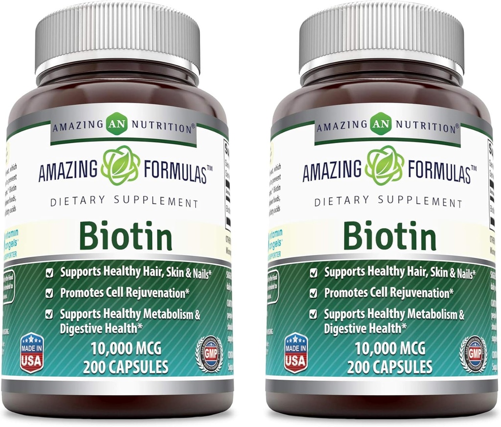 Amazing Formulas Biotin 10000 mcg Veggie kapslid | Vitamiin B7 täiendus | Mitte-GMO | Gluteenivaba | Valmistatud USAs (200 Count | 2 Pack)