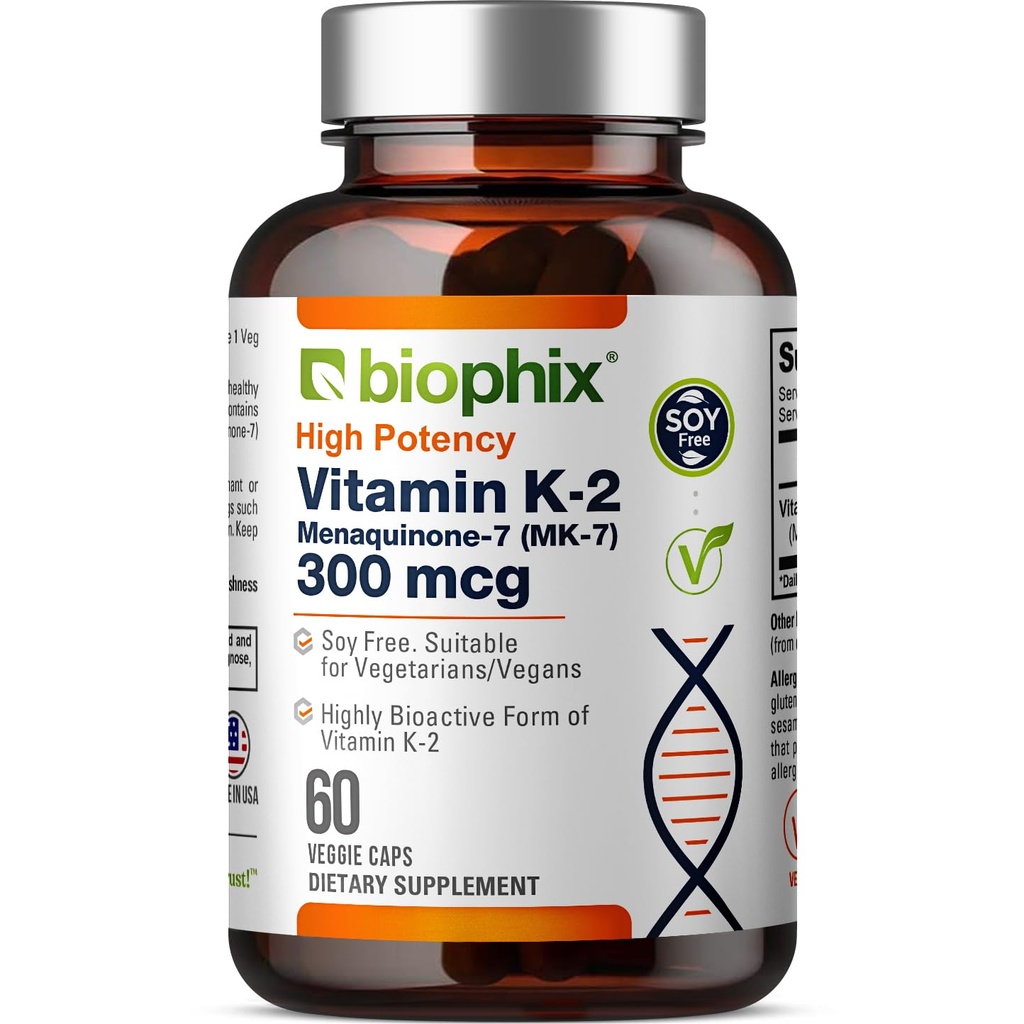 Biophix Vitamiin K2 MK-7 300mcg, 60 vegankapslit - kõrge tugevusega lisand luu tugevusele ja immuunsüsteemi tervisele