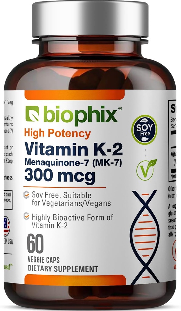 biophix Vitamin K2 MK-7 300mcg, 60 Vegan Capsules – High-Potency Supplement for Bone Strength and Immune Health