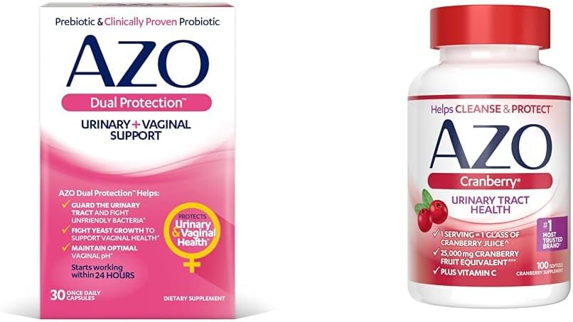 AZO Dual Protection | Uriini + Vaginal Support * | Prebiootikum Plus kliiniliselt tõestatud naiste probiootikum | alustab tööd 24 tunni jooksul | Mitte-GMO | 30 Count & Cranberry kuseteede tervise täiendus