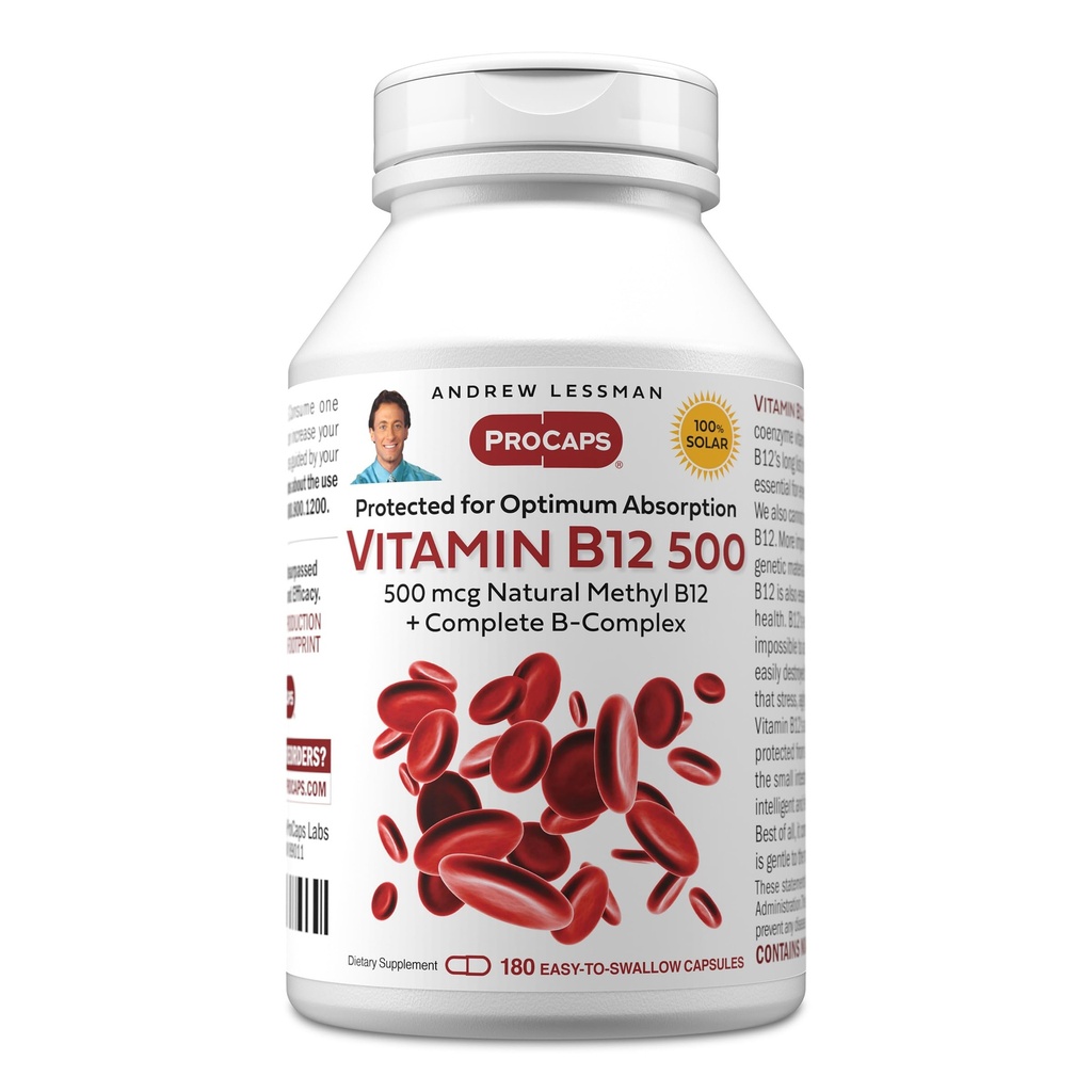 ANDREW LESSMAN Vitamiin B12 500 180 Kapslid - Absorptsiooniga kaitstud metüülkobalamiin (looduslik koensüüm vitamiin B12), mis on vajalik energia ja stressi toetamiseks, pluss B-kompleks, kergesti neelatavad kapslid