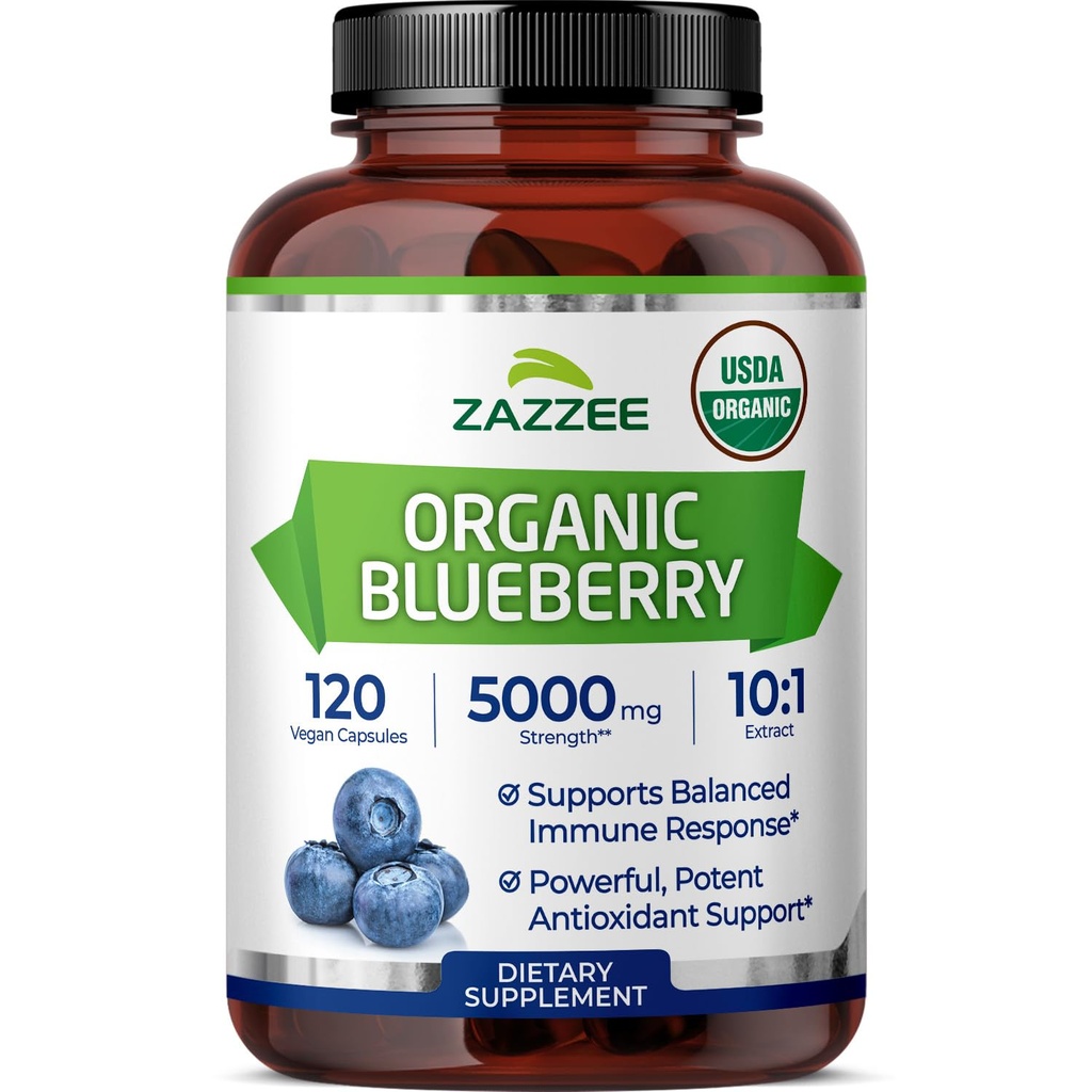 Zazzee USDA orgaaniline mustika 10: 1 ekstrakt, 5000 mg tugevus, 120 vegankapslit, 4 kuu pakkumine, kontsentreeritud ja standarditud 10X kogu puuviljaekstrakt, 100% taimetoitlane, mitte-GMO, valmistatud USA-s