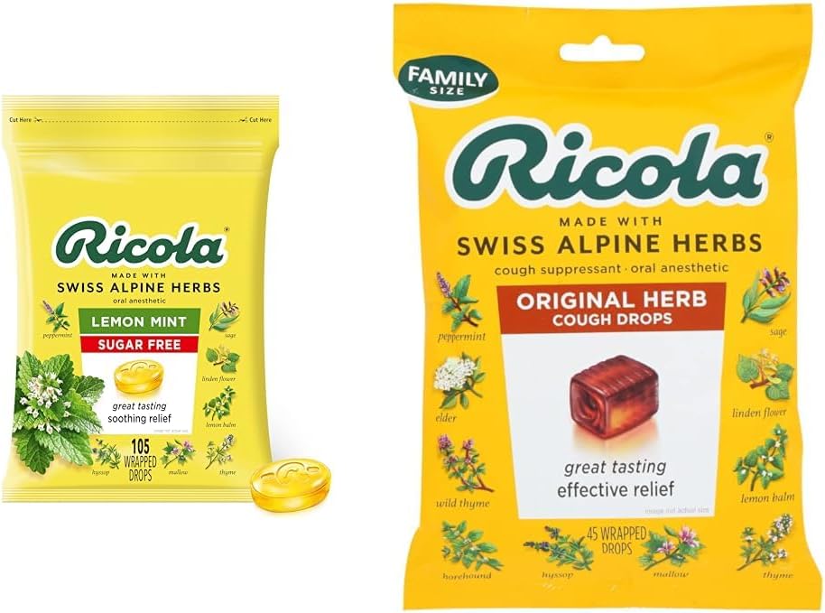 Ricola Sugar Free Sidrun Mint Taimne köha supressant kurgutilgad, 105ct kott ja originaal looduslik maitsetaimeköha supressant kurgutilgad, 45 tilka, võitleb köha loomulikult