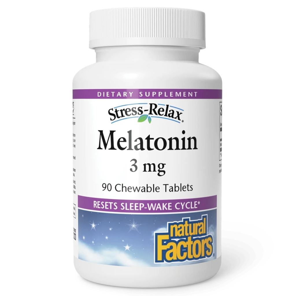 Stress-Relax melatoniin 3 mg looduslike tegurite, Natural Sleep Aid, lähtestab une-Wake tsükli, 90 närimistabletid (90 portsjonit), piparmündi maitse
