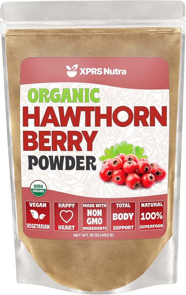 XPRS Nutra Organic Hawthorn Berry Powder - Premium USDA Organic Hawthorne Berry Pulber südame-veresoonkonna toetuseks - Vegan Sõbralik Südame Tervise Täiendus (16 Ounce)