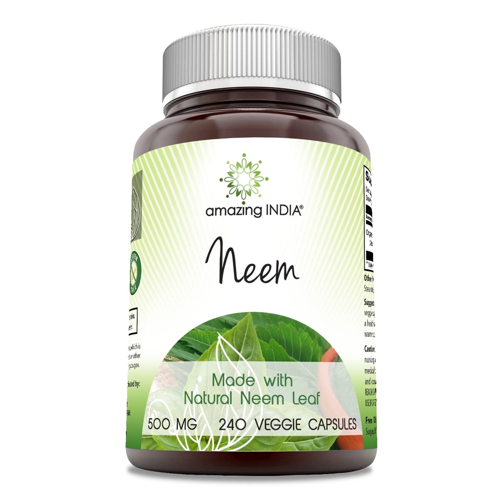 Amazing India Neem (Made with Natural Neem Leaf) 500 mg Veggie kapslid Täiendus | Mitte-GMO | Gluteenivaba | Valmistatud USAs | Sobib taimetoitlastele (240)
