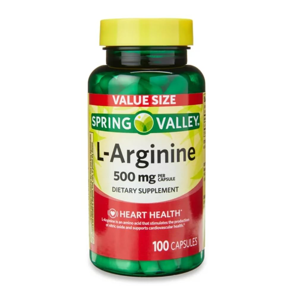 Üldine Spring Valley L'Arginine Amino Heart Health Supplement Kapslid, 500mg, väärtus suurus, 100 Count + 1 Mini Pill Konteiner (Stiili ja värvi varieerub)