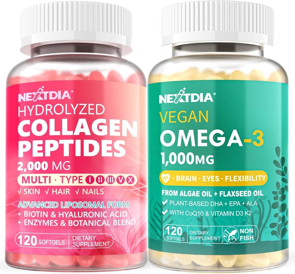 Hüdrolüüsitud kollageenpeptiidid Pills + Vegan Omega 3 toidulisand D3 K2 vitamiiniga