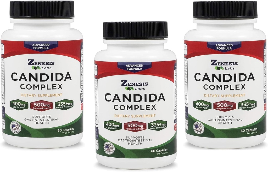 Zenesis Labs Candida Complex Cleanse Detox Kaprüülhappe lisand, Oregano ekstrakt, probiootikumid, ensüümid - 180 kapslit, 90 päeva varu (60 kapslit / pudelit)