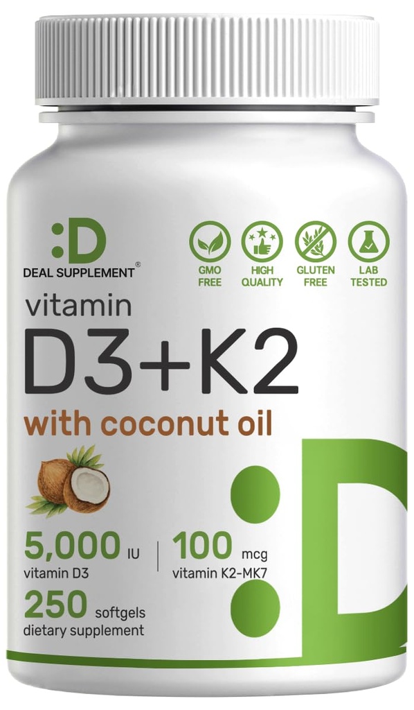 DEAL TÄIENDAV D3-vitamiin 5000 RÜ + K2 MK7 100mcg Softgels | 2-in-1 Kompleks Neitsi Kookosõliga | Toetab südant, Luud, Hambaid Ja Immuunsust | Lihtne neelata