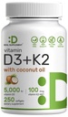 DEAL TÄIENDAV D3-vitamiin 5000 RÜ + K2 MK7 100mcg Softgels | 2-in-1 Kompleks Neitsi Kookosõliga | Toetab südant, Luud, Hambaid Ja Immuunsust | Lihtne neelata