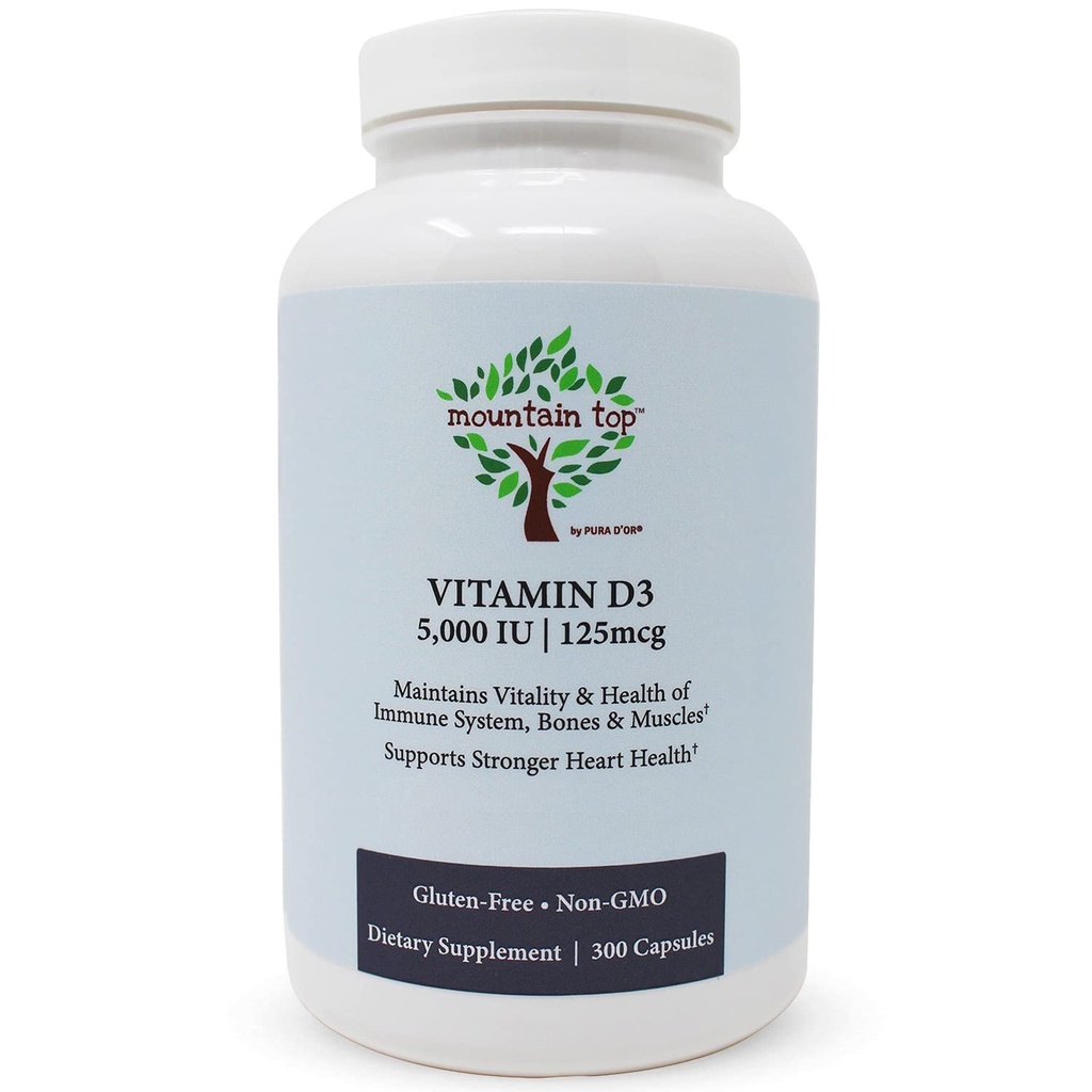 MOUNTAIN TOP Vitamiin D3 5000 RÜ 125mcg kapslid (300 loend) aitab toetada immuunsüsteemi tervist, tugevad luud ja hambad, & lihasfunktsiooni - mitte-GMO, gluteenivaba