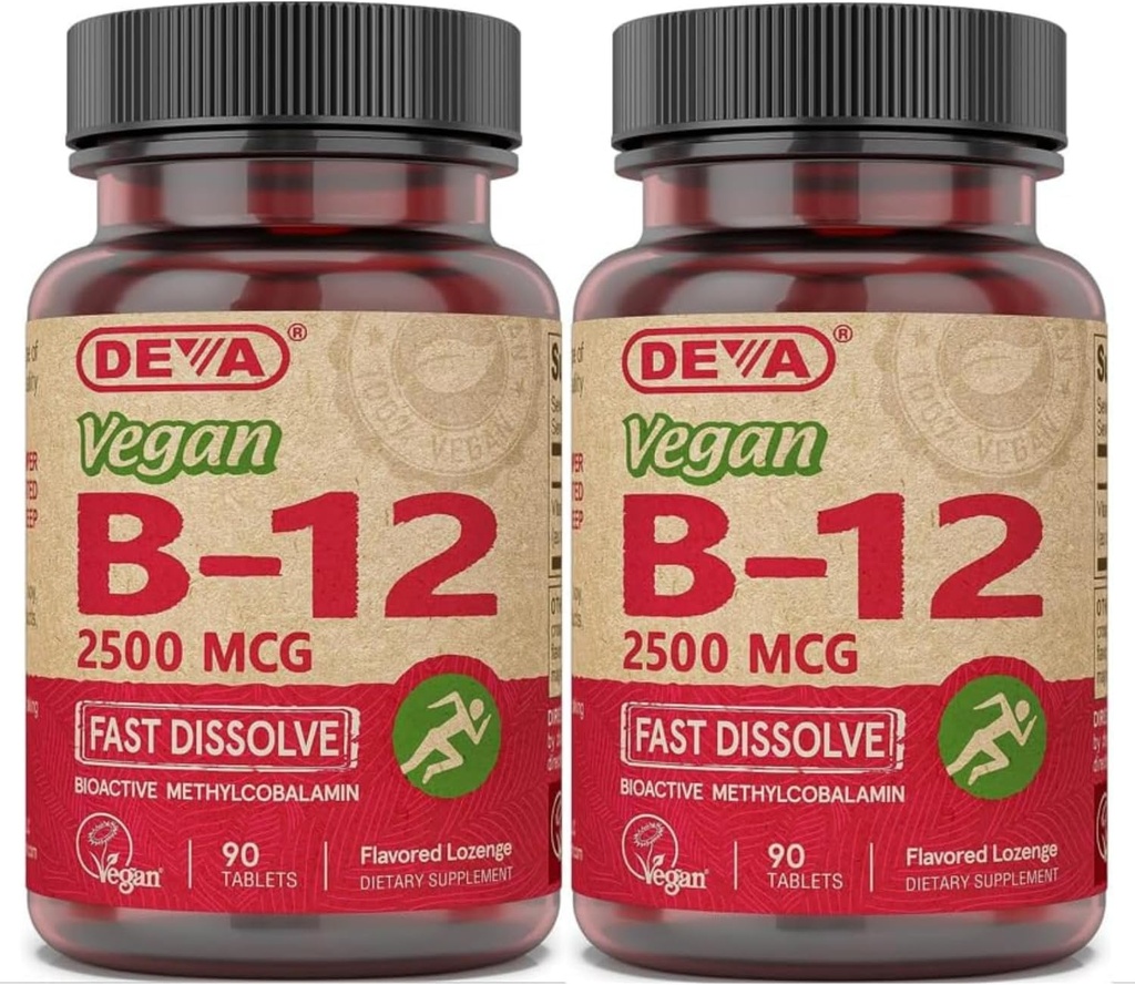 DEVA Vegan Vitamiinid B-12, kõrge potents 2500 mcg B12, kiiresti lahustuv, sublingvaalne, 90 tabletti (pakk 2)