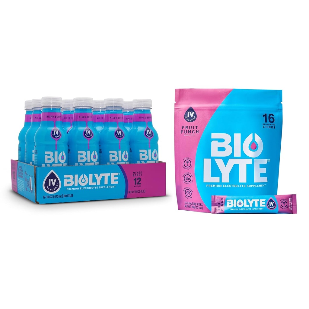 BIOLYTE Electrolyte Drink & IV Hüdrojoogisegu - arsti poolt formuleeritud FSA & HSA Elektrolüüdid Vedelik, rehüdratsioonipulbri paketid, keemiaravi peab olema naistele ja meestele - Berry, 12 pudelit, 16 pulka