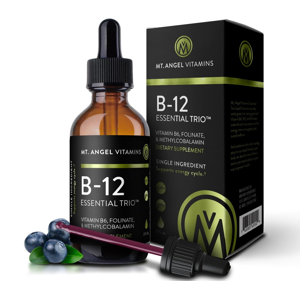 Mt. Angel Vitamiinid - B12 Essential Trio - Vegan Sublingual tilgad suure tugevusega Metüül B12, B6 & Folate - Lihtne imendumine Vedel - Non-GMO, valmistatud USA-s