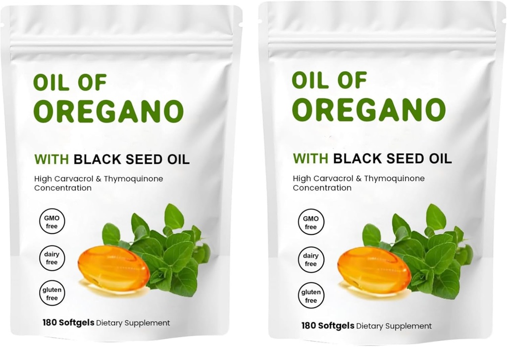 2 Pack Oil of Oregano Softgels, 2 in 1 Oil of Oregano with Black Seed Oil 200mg, Gluten Free