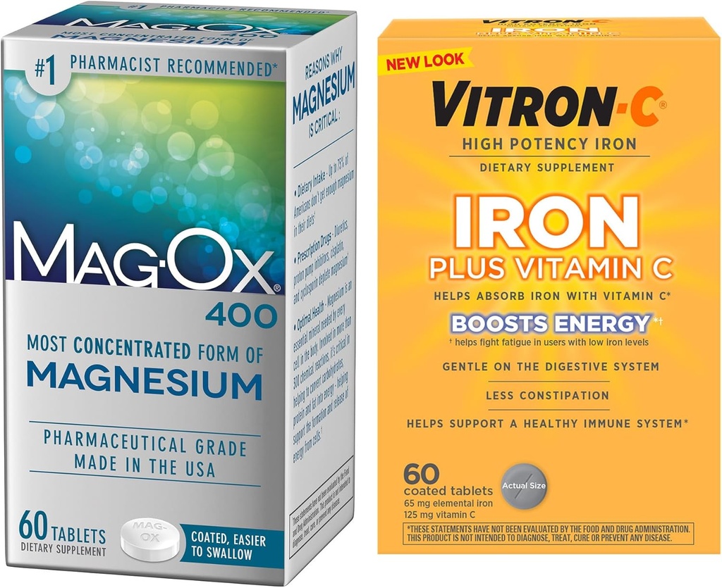 Vitron-C kõrge tugevusega raualisand, 60ct ja Mag-Ox 400 Magneesium Mineral Supplement 60c