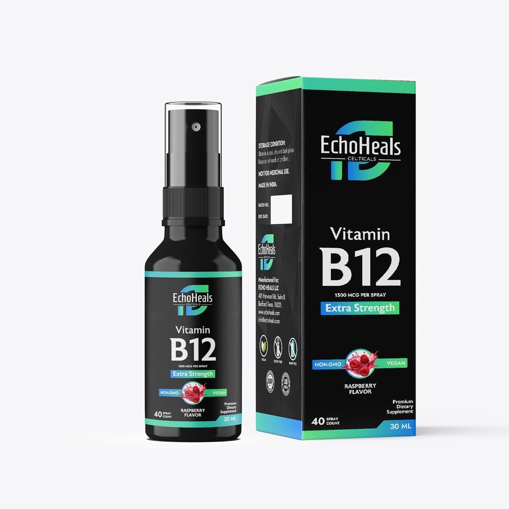 Vitamiin B12 Vedel pihusti | Vitamiin B12 energia toetamiseks | Vegan | Mitte-GMO | Gluteenivaba | 40 pihustit | 1500 mcg pihusti kohta | Vaarikamaitse | 1 fl Oz