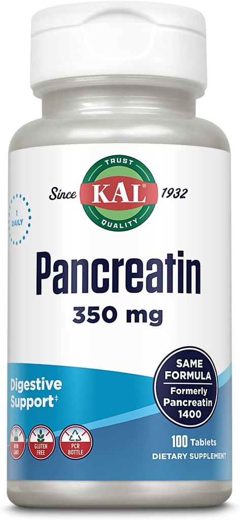 KAL pankreatin 350mg, seedetrakti ensüümid naistele ja meestele, kõhunäärme ensüümid seedetrakti tervise toetamiseks, gluteenivaba, mitte-GMO, kiire lagunemine, 60-päevane garantii, 100 serveerimist, 100 tabletti