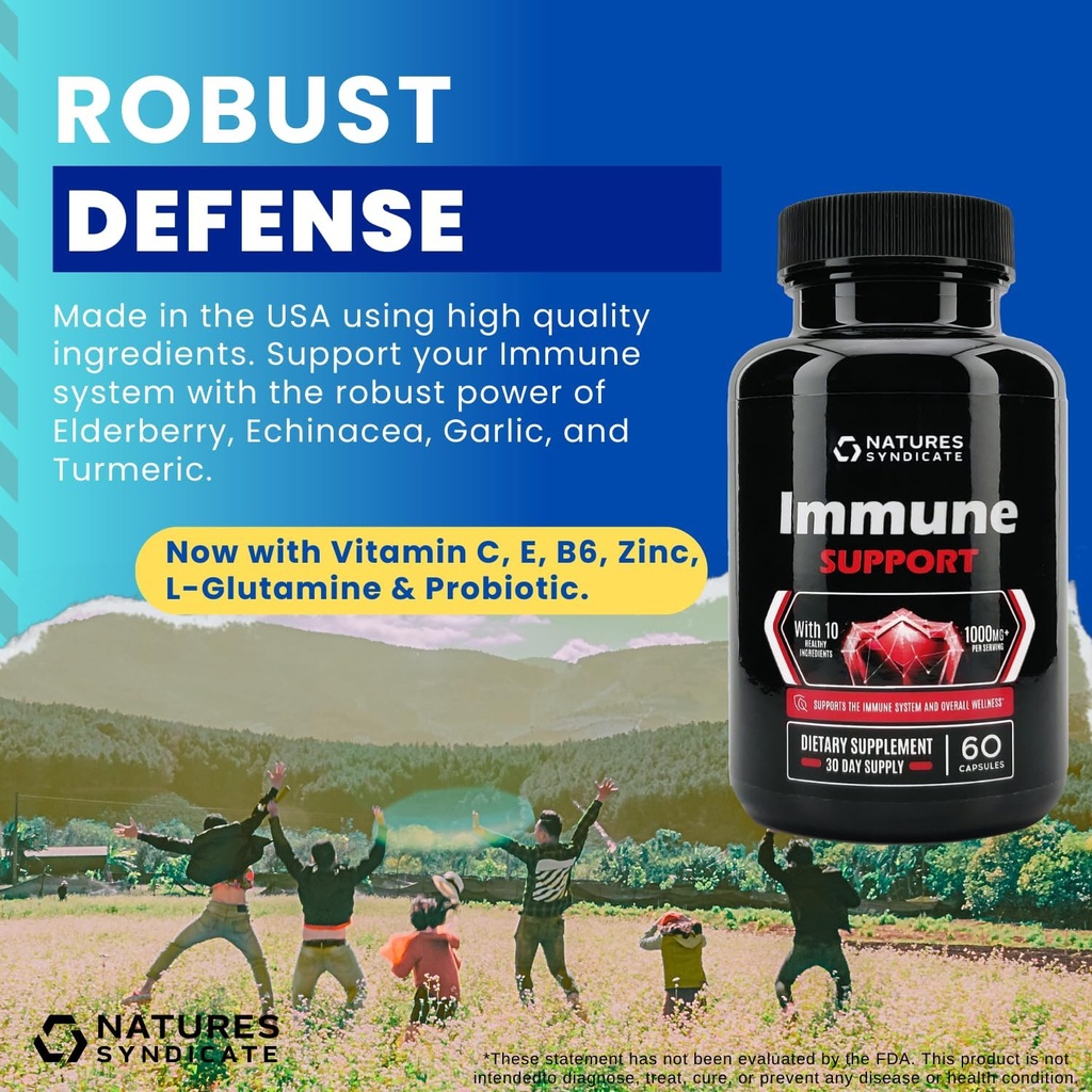 Immune Support Supplement - 10-in-1 koos Echinacea, Elderberry, küüslauk, kurkum koos tsink, vitamiin C, E, B6 ja L-Glutamiin, 4,8 miljardit CFU probiootikum täiskasvanutele