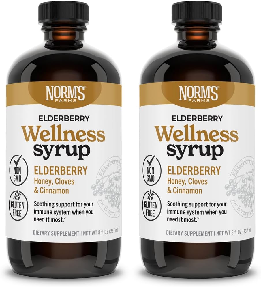 Norm's Farms Wellness Black Elderberry Syrup koos mee, kaneeli ja nelgiga - valmistatud USA-s, looduslik immuuntoetus, alkoholi või täiteaineteta, gluteenivaba, GMO-vaba, vegan, puhas Elderberry siirup - 2PK 8 Oz