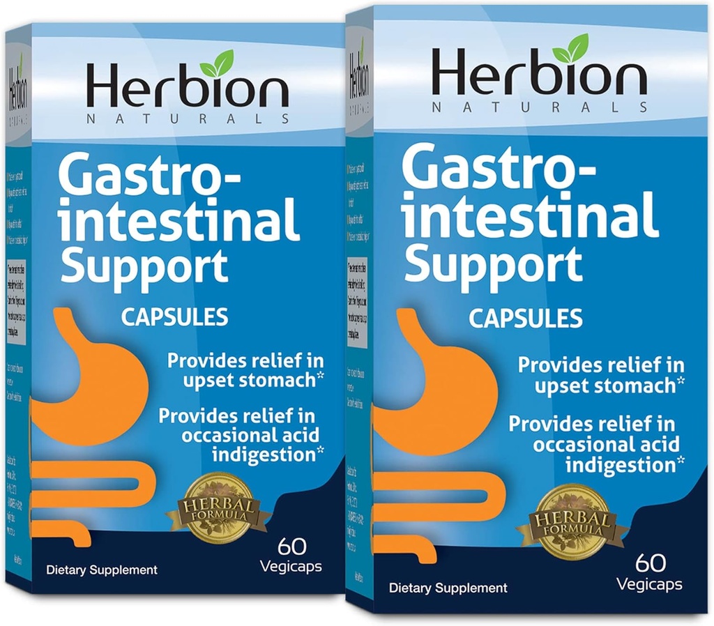 HERBION Naturals Gastro-intestinal Support Herbal Blend for Upset Mao Relief, Gastrointestinal Health and Function, Juhuslik happe seedimine, Tervislik soolefloora, 60 Vegicaps - Pakend 2