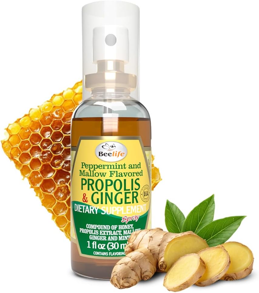 Beelife Propolis Throat Spray - rahustav Honey & Ingver Propolis - Natural Immune Support & Sore Throat Relief, Antioksüdandid, rikas Flavonoidid & Artepillin C, Ei Suhkrut, Gluteenivaba - 1-Pack, 30 ml