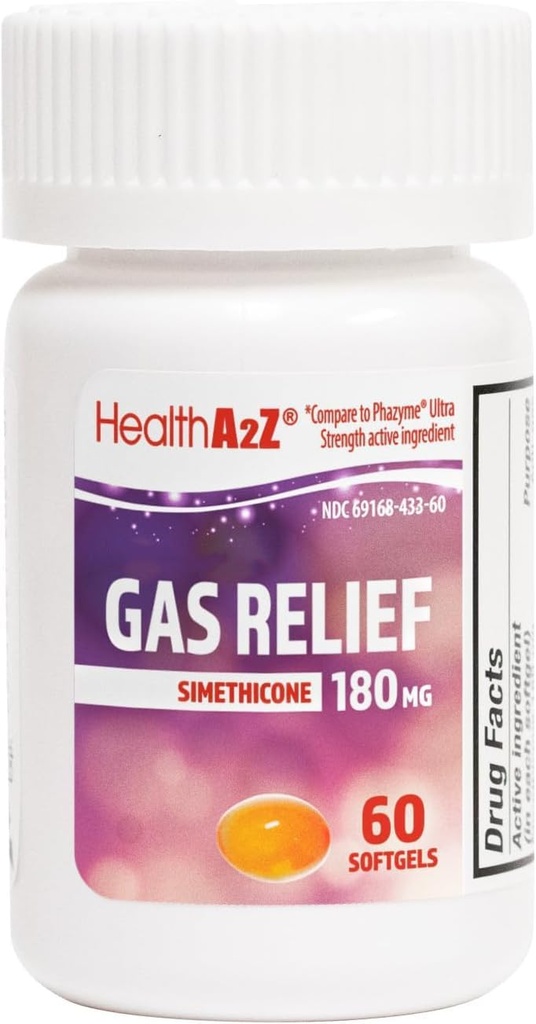 HealthA2Z® gaasireljeef Simethicone 180mg | Leevendab kõhu ebamugavust ja gaasi | Kõhupuhitus | Leevendab gaasi kiiret (60 loend (1. pakk))