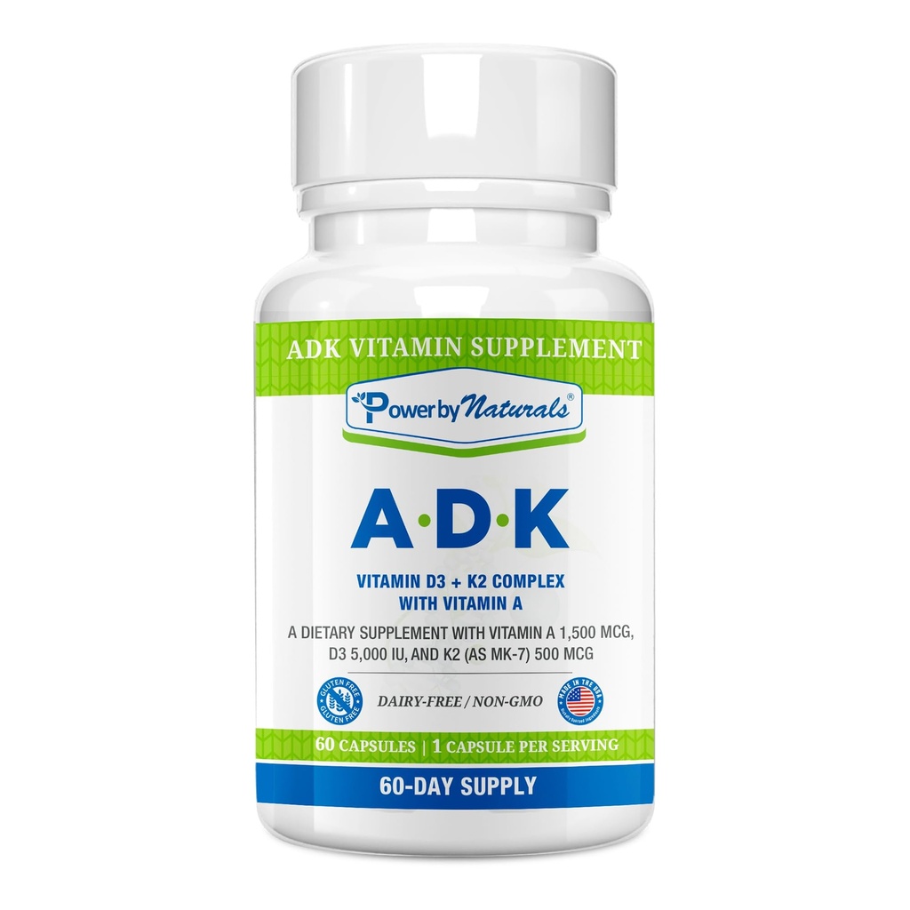 Võimsus looduslike ADK vitamiinilisandiga - VIT A D3 K2 vitamiini kõrge potentsi segu 5000 iu - luude, südame ja immuunsüsteemi tervise toetamine - 60 kapslit (2 kuu pakkumine)
