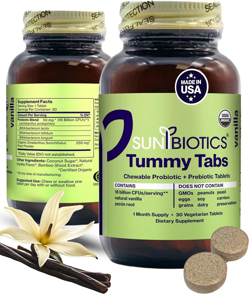SUNBIOTICS Tummy Tabs - Näritavad probiootilised ja prebiootilised tabletid 18 miljardi CFU 4 probiootilise tüvega hea soolestiku floora, immuunsüsteemi ja tasakaalustatud mikrobioomi jaoks - Vanilla, (1. pakend)