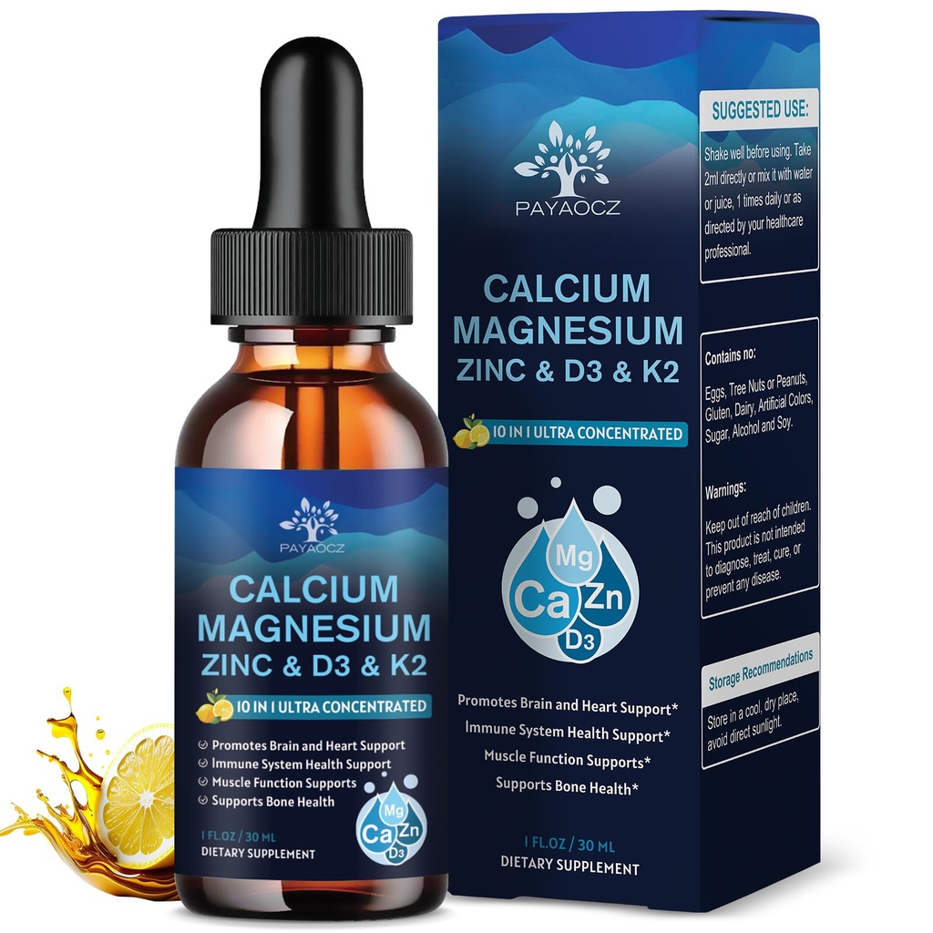 (1 Pack) Magneesium Kaltsium Tsink Täiendus Vitamiin D3 K2 Naistele, Magneesium Glütsinaat Vegan Vegan Vedel tilgad Täiskasvanu Plus L-Theanine Boor Sea Moss ekstrakt, Luu, Sleep & Leg Kramps, 1 Fl Oz