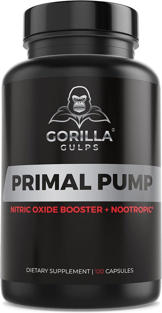 Gorilla Gulps - Primal Pump Lämmastikoksiidi Supplement Nootroopne 1500mg Nitrosigine L Arginine & Beet Juur lihaste kasvu, pumbad, verevool, energia ja fookus - Max Strength Pre Workout N.O. Booster