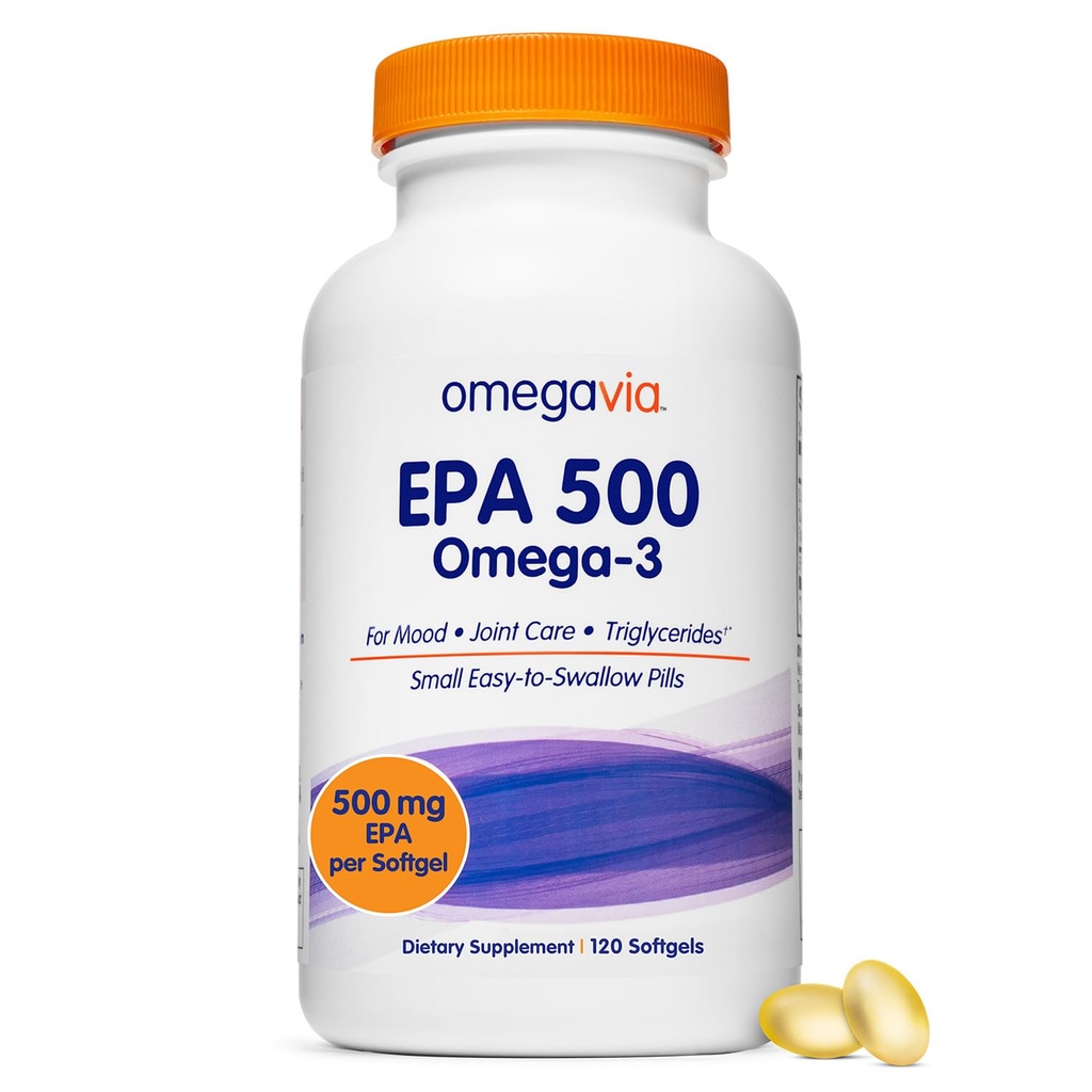 OmegaVia EPA 500, puhastatud oomega-3 kalaõli lisand, 500 mg EPA triglütseriidide kujul, Burpless Fish Oil, Non-GMO, Gluteenivaba, IFOS 5-Star, 120 Softgels
