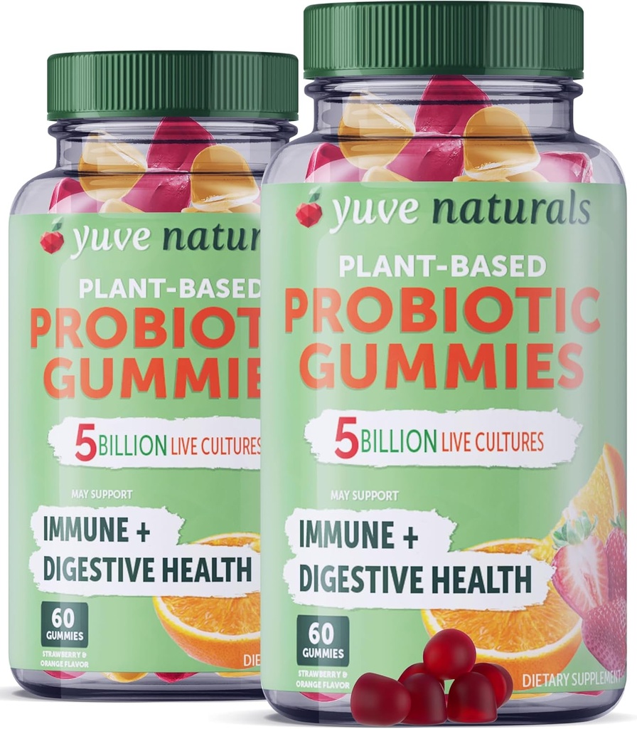 Yuve Vegan probiootikumid, probiootikumid naistele ja meestele, suhkur ja gluteenivaba kummi probiootikumid, seedetrakti ja immuunsuse tugi, 5 miljardit CFU, aitab kõhukinnisuse, puhituse ja lekkiva soolestikuga - 60 ct (2 Pack)