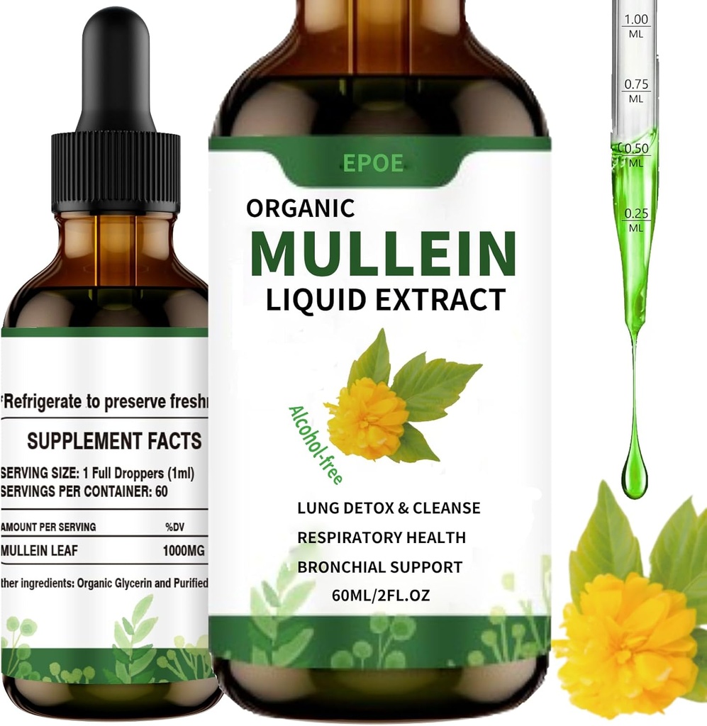 Vedelad tilgad Mullein Leaf'iga, Mullein tilgad kopsudele Orgaaniline hingamisteede tõhustaja Alkoholivaba, Kopsupuhastus immuunsuse ja hingamisteede tervise toetamiseks, valge