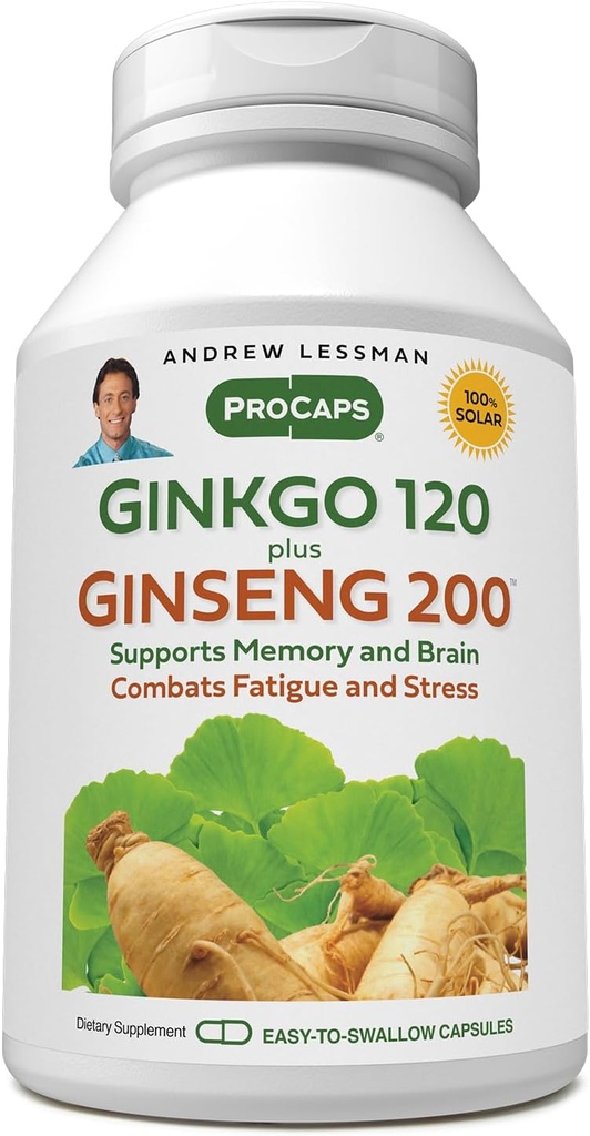 ANDREW LESSMAN Ginkgo 120 Plus ženšenn 200mg - 30 kapslit - standardiseeritud ekstraktsegu aju, mälu ja kognitiivse funktsiooni toetamiseks. Adaptogen, võitleb stressi ja väsimusega. Ei mingeid lisaaineid