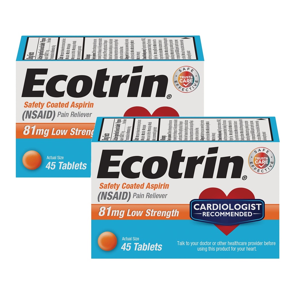 Ecotrin Madal tugevusega ohutuskattega aspiriin, NSAID 81mg, 45 arv (2 pakendit)