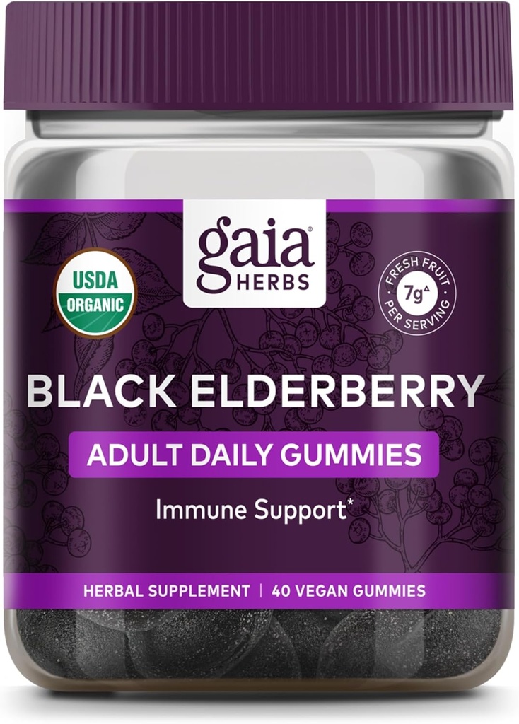 Gaia maitsetaimed Black Elderberry Adult Daily Gummies - Delicious Immune Support Supplement - valmistatud sertifitseeritud orgaaniliste mustade mustade mustade mustade mustade mustade mustade mustade mustade mustade marjadega immuunsüsteemi toetuseks, 40 Gummies (20-päevane pakkumine)