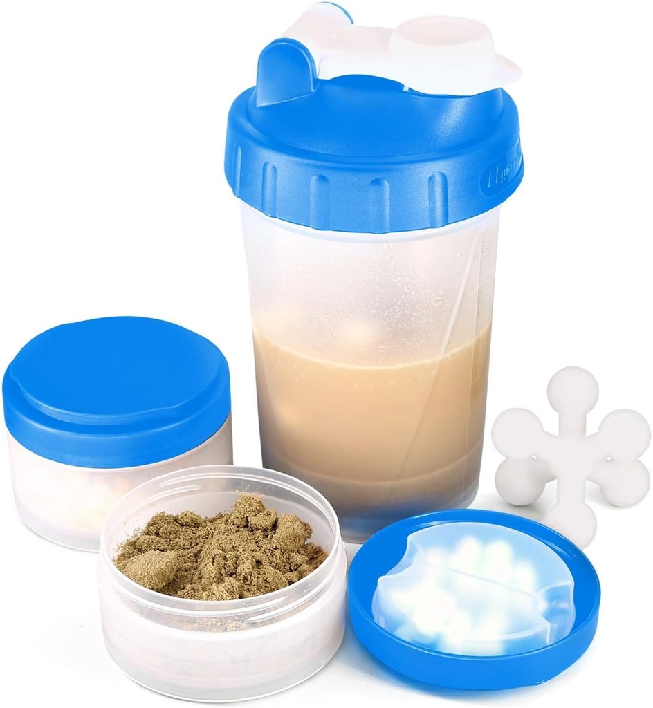 16oz Protein Shaker Bottle koos Shaker Ball ja 2 Storage Jars | BPA-Free Plastic Cup selge mõõtmisskaala | Ideaalne Valgu Segud ja pillid | Portable Pre-Workout Drink Cup (sinine)
