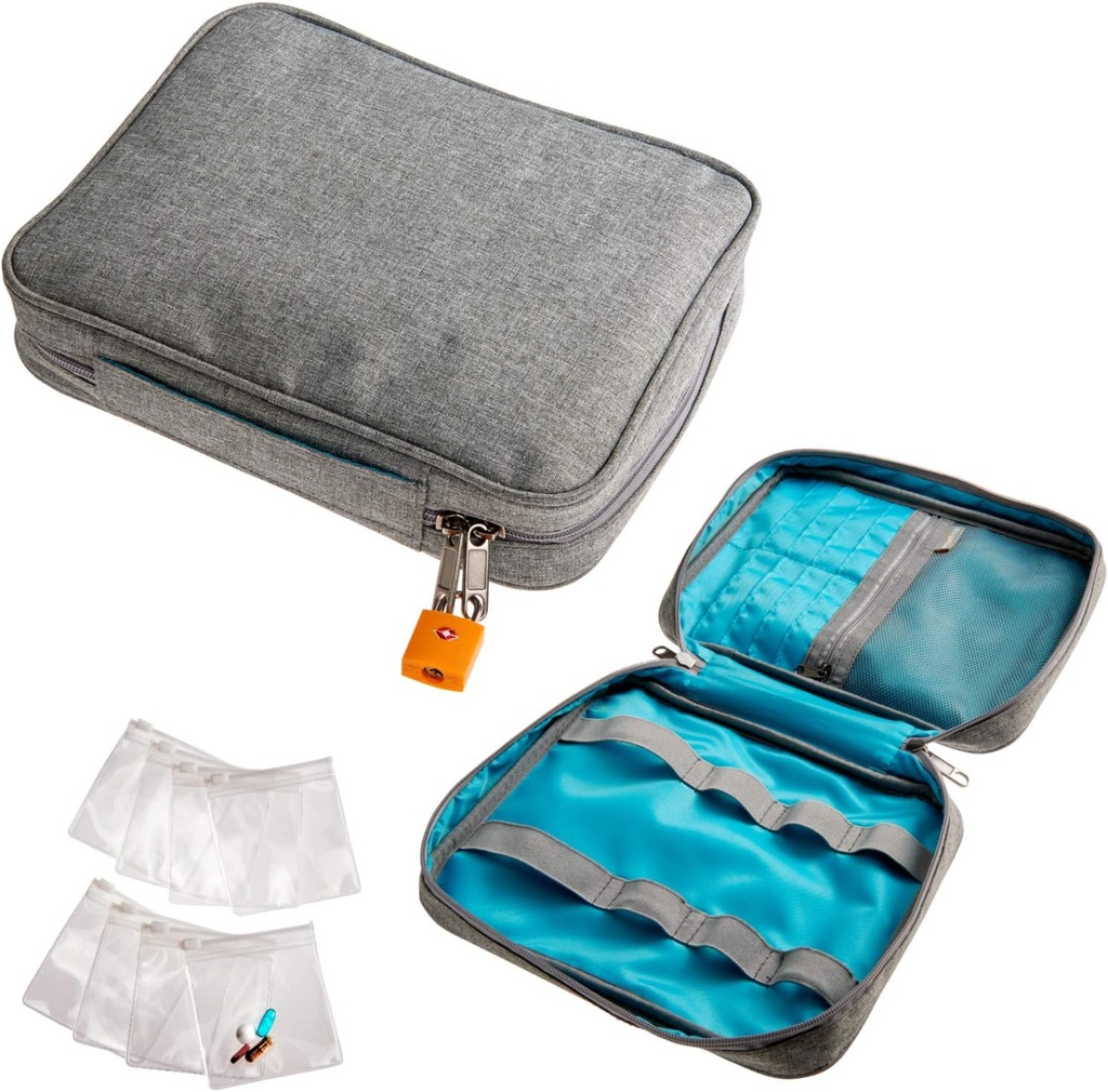 Sujuv reisimeditsiini kott ja ravimipudeli korraldaja - kaldkriipsukindel meditsiiniline reisikott koos toiduklassi korduvkasutatavate pillide kottidega - Slim Design Fits Carry-ons, Totes ja seljakotid