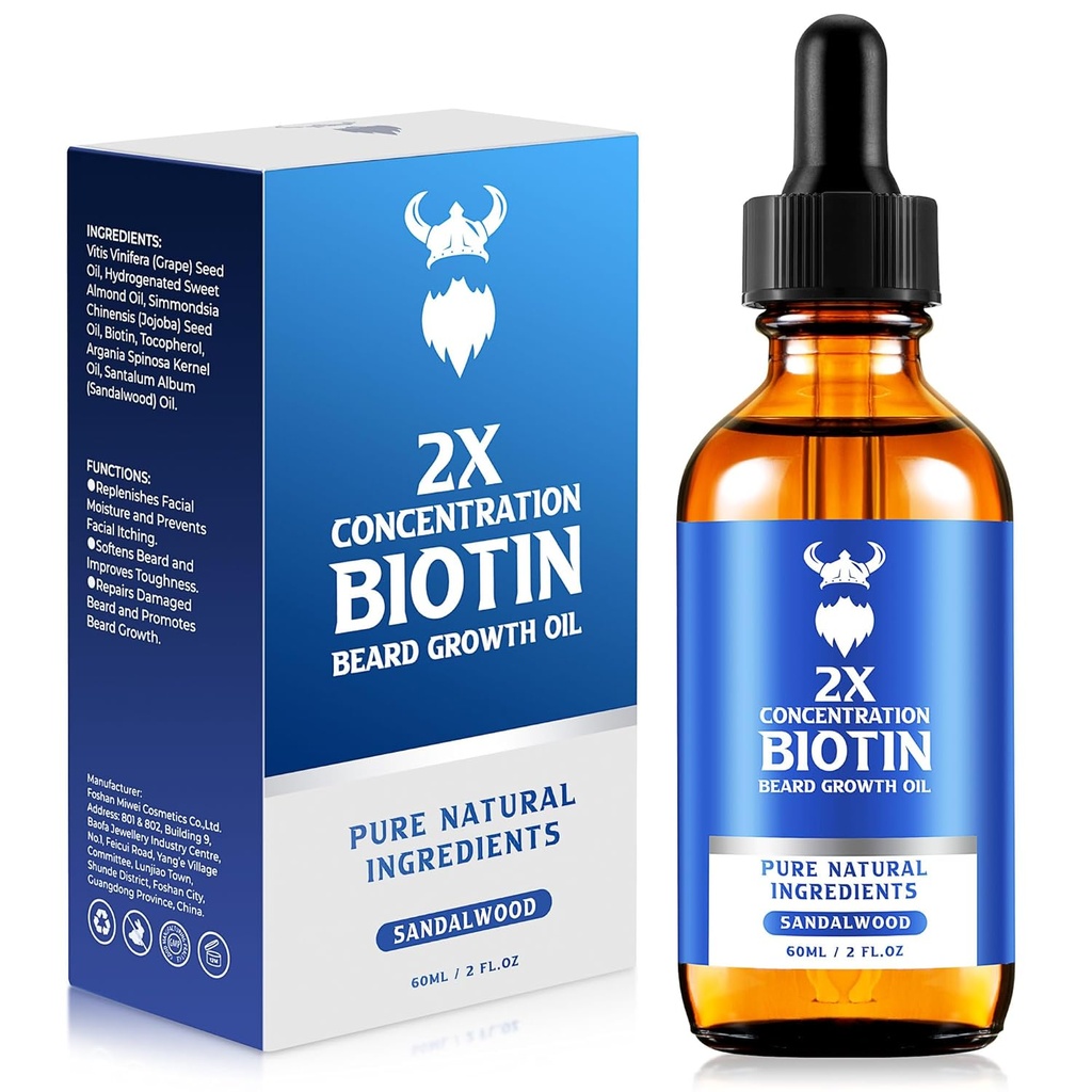Habemekasvuõli - 2X kontsentratsioon Biotiin Habemeõli meestele (2 oz) - looduslikud meeste habemeõli argaaniaõli, jojobaõli ja vitamiiniga, habemekasvu softener, niisutaja (Sandalwood)